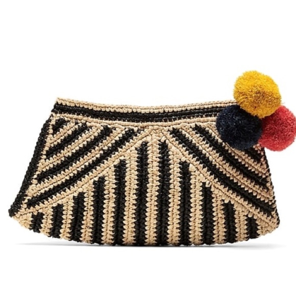 Striped Black and Tan Clutch with Pom Poms